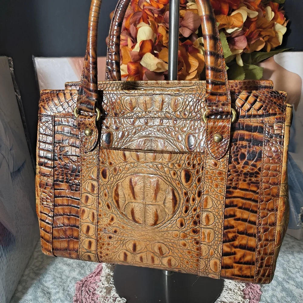 Brahmin Toasted Almond Collection Croc Embossed Leather Satchel Handbag